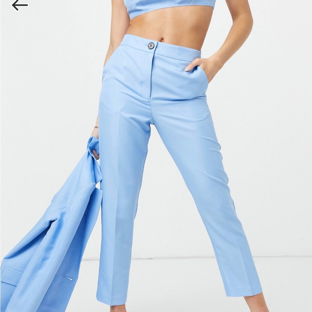 Blue ASOS Design shrunken dad suit pants and crop top